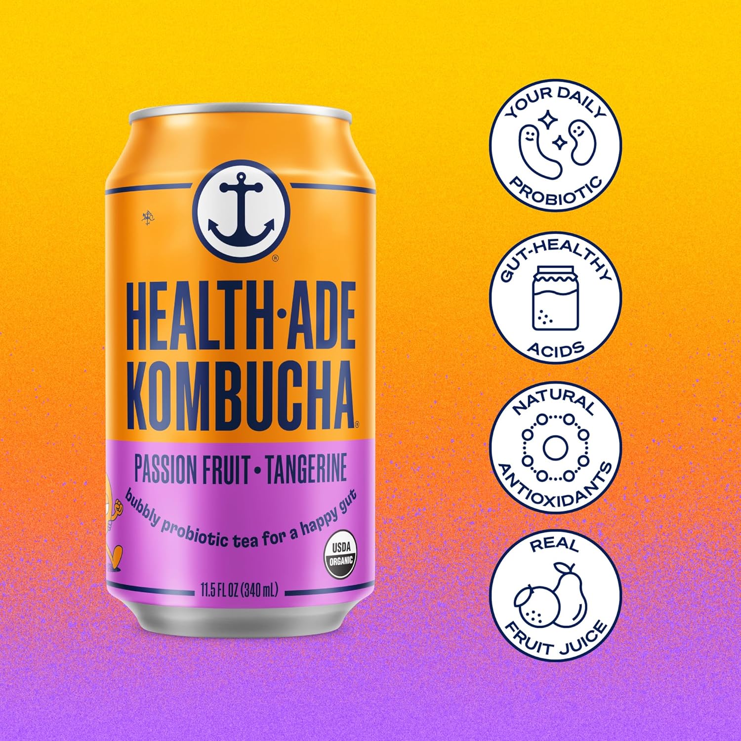 Health-Ade Passion Fruit-Tangerine Kombucha, Organic Drink, 12-Pack (11.5 Fl Oz Cans) – Fermented Tea with Probiotics, Non-GMO, Vegan, Gluten-Free