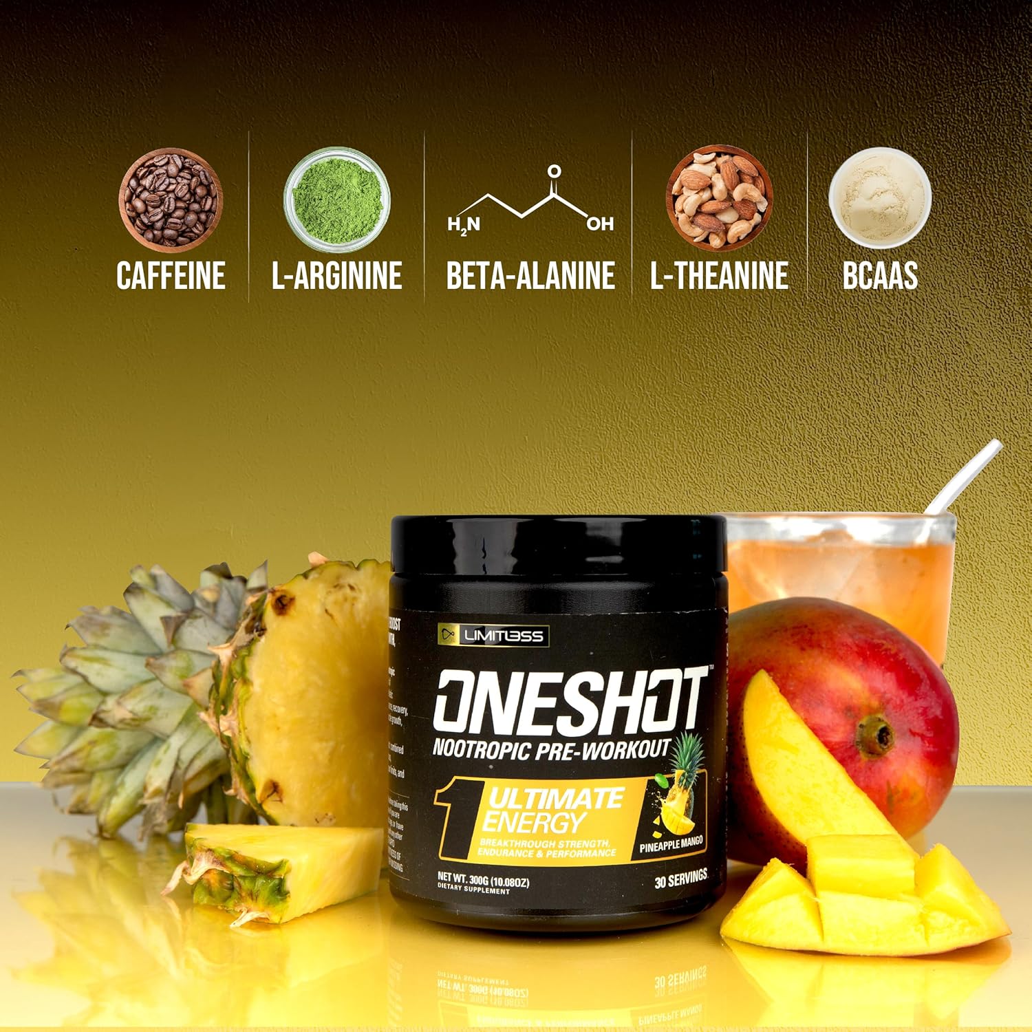 ONESHOT Pre Workout Powder for Men and Women - BCAAS Amino Acids Supplement Powder, 200mg Caffeine, Beta Alanine Powder, Citrulline Malate Preworkout Powder - Pineapple Mango - 30 Servings