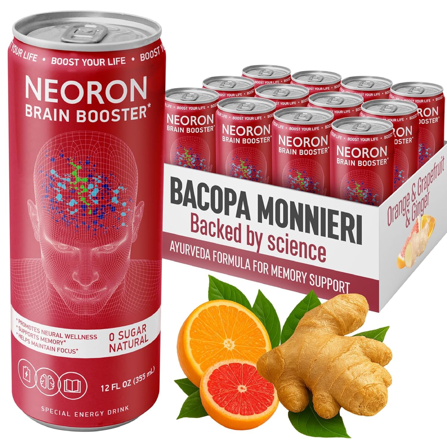 NEORON - Brain Armor, Focus & Memory Support, Sugar‐Free Nootropic Drink, Vegan (Pack of 12, Ginger Kick, Orange & Grapefruit)