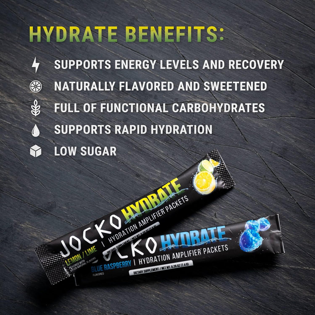 Jocko Fuel Hydrate Electrolytes Powder Packets Low Sugar - Hydration Amplifier Packets for Recovery, Dehydration, & Exercise - with Vitamins B6, B12 & C (16 Packets) Blue Raspberry