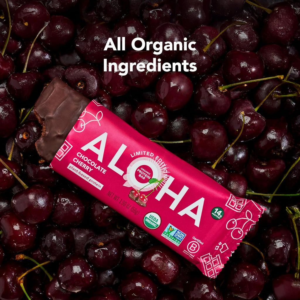 ALOHA Organic Plant Based Protein Bars - Chocolate Cherry - 12 Bars, Vegan, Low Sugar, Gluten-Free, Paleo, Low Carb, Non-GMO, No Stevia, No Erythritol