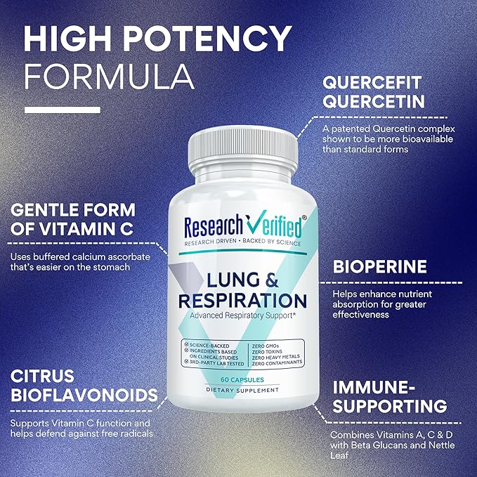 Research Verified Lung and Respiration - Seasonal Allergy and Sinus Support - Vitamin A, C & D, Quercetin, Nettle Leaf Extract - 180 Capsules - Made in The USA