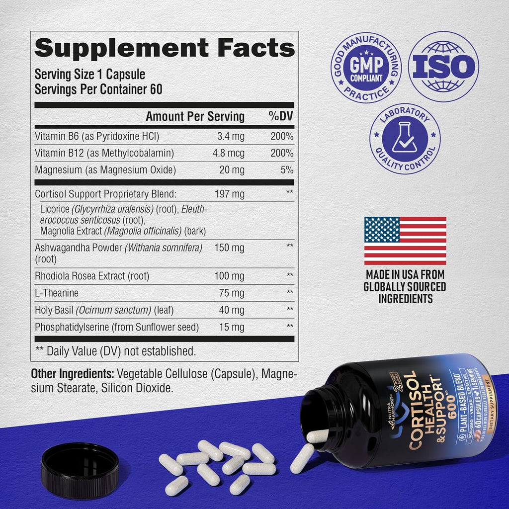 Cortisol Supplement for Women - Holy Basil | Ashwagandha | Rhodiola | L-Theanine - Plant-Based Hormone Balance - Mood, Focus & Sleep Support - Made in USA - Vegan, Non-GMO - Pack of 2, 4 Month Supply