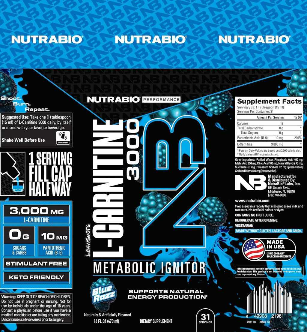 NutraBio – L-Carnitine Liquid Shots – 3000mg, (Blue Razz) – 10mg of Vitamin B-5 – Zero Carbs & Sugars – Energy Production – Muscle Recovery