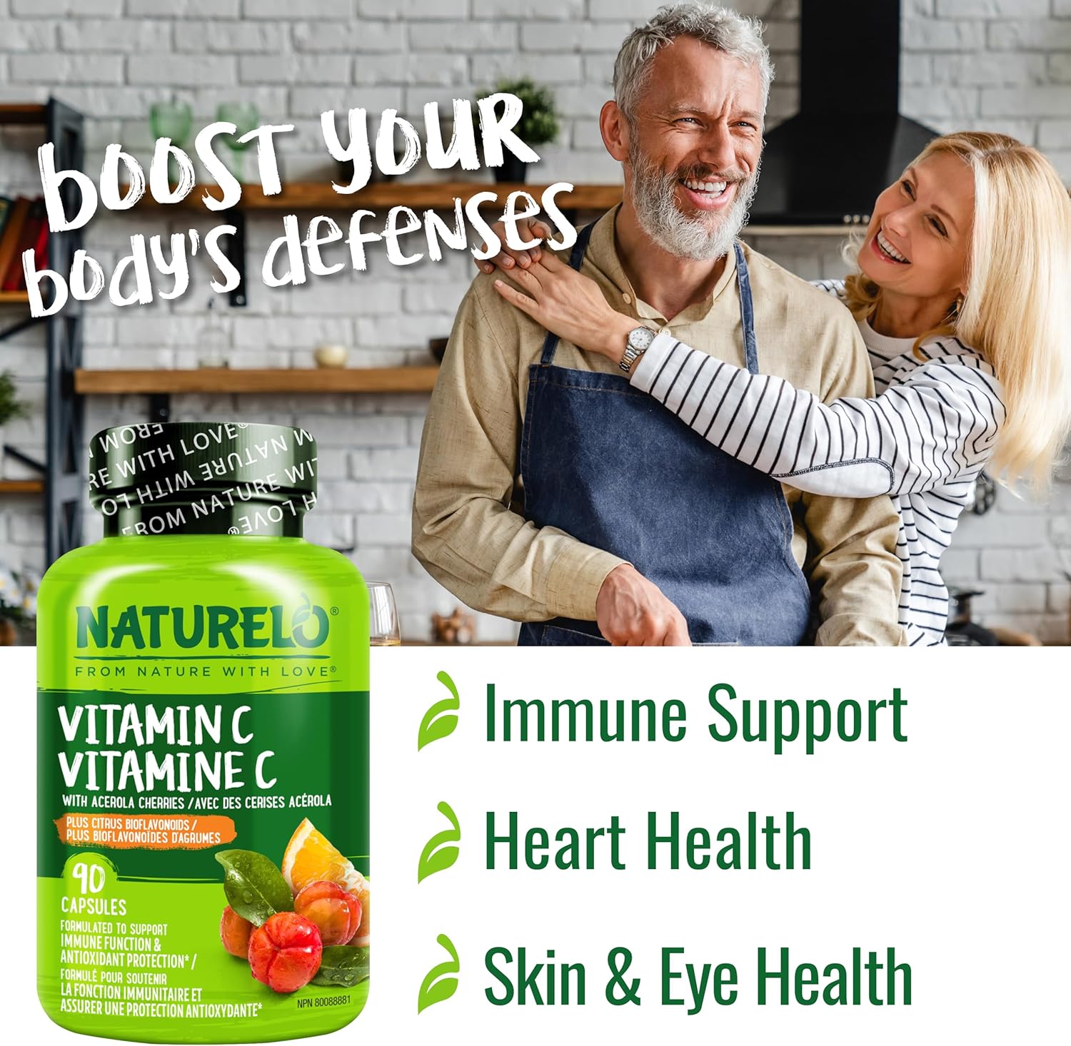 NATURELO Vitamin C with Organic Acerola Cherry Extract and Citrus Bioflavonoids - Vegan Supplement - Immune Support - 500 mg VIT C per Cap - Non-GMO - 90 Capsules