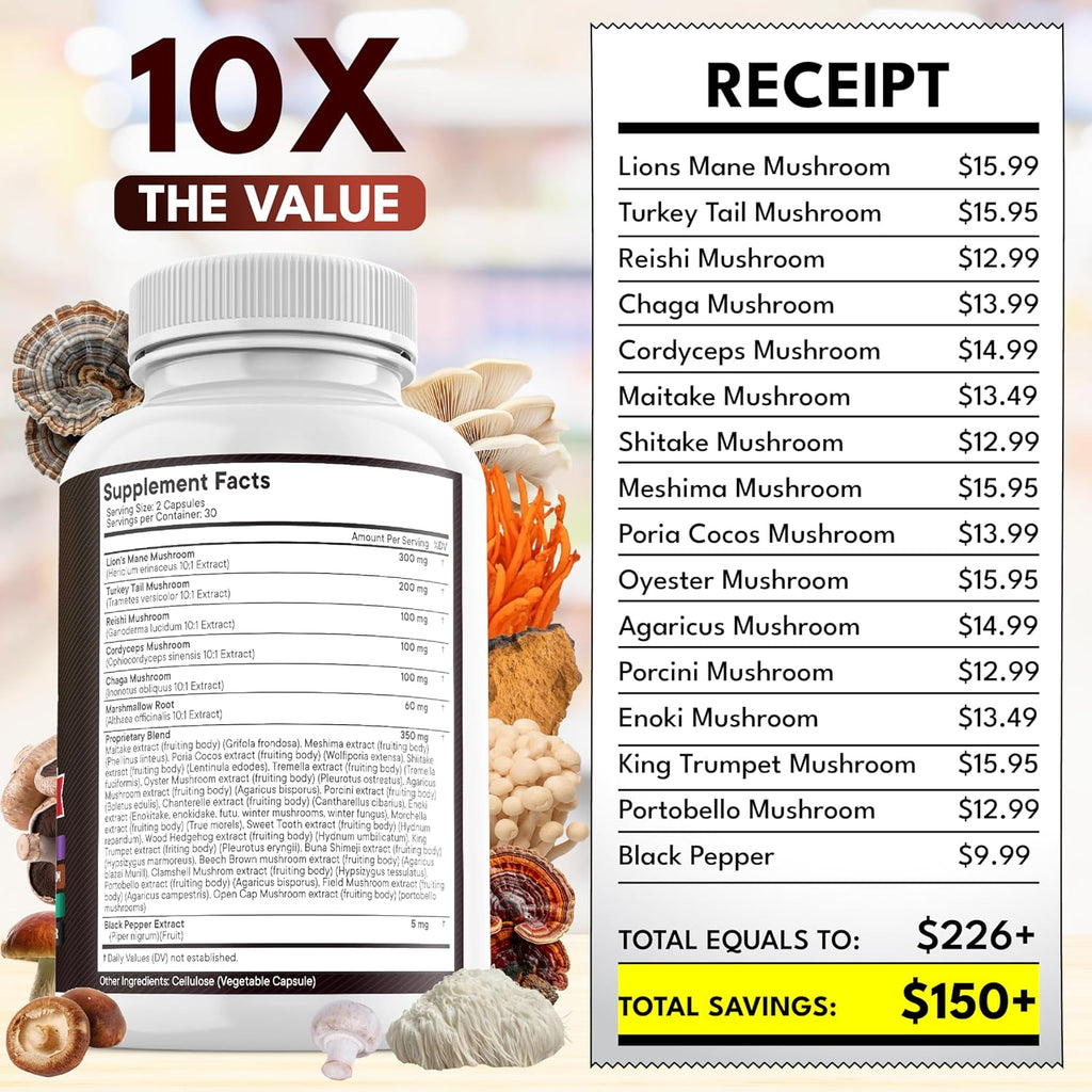 NEW AGE Lions Mane Mushroom Supplement with Turkey Tail Reishi Cordyceps Chaga with Marshmallow Root - 120 Count