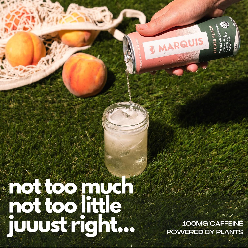 Marquis - Natural Energy Drink - Lychee Peach - Sugar Free - 0 Calories - 100mg of Organic Plant Based Caffeine - Yerba Mate - Green Tea - Vitamin C & B Vitamins - Vegan - 12 oz Cans - 12 Pack