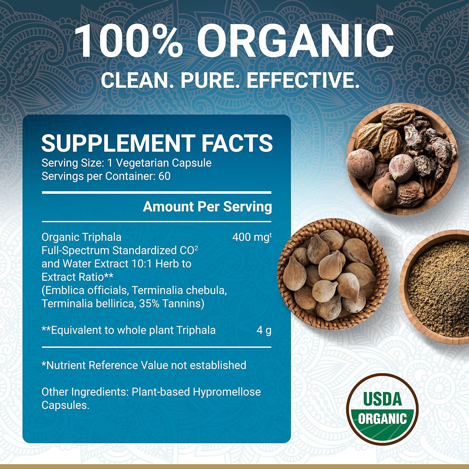 Triphala Capsules – USDA Organic Certified | Vegan Triphala Tablets | 100% Natural Herbal Triphala Guggulu Supplement | Natural Fusion Extract Potency | Ayurveda | 60 Caps | Trifala Churna