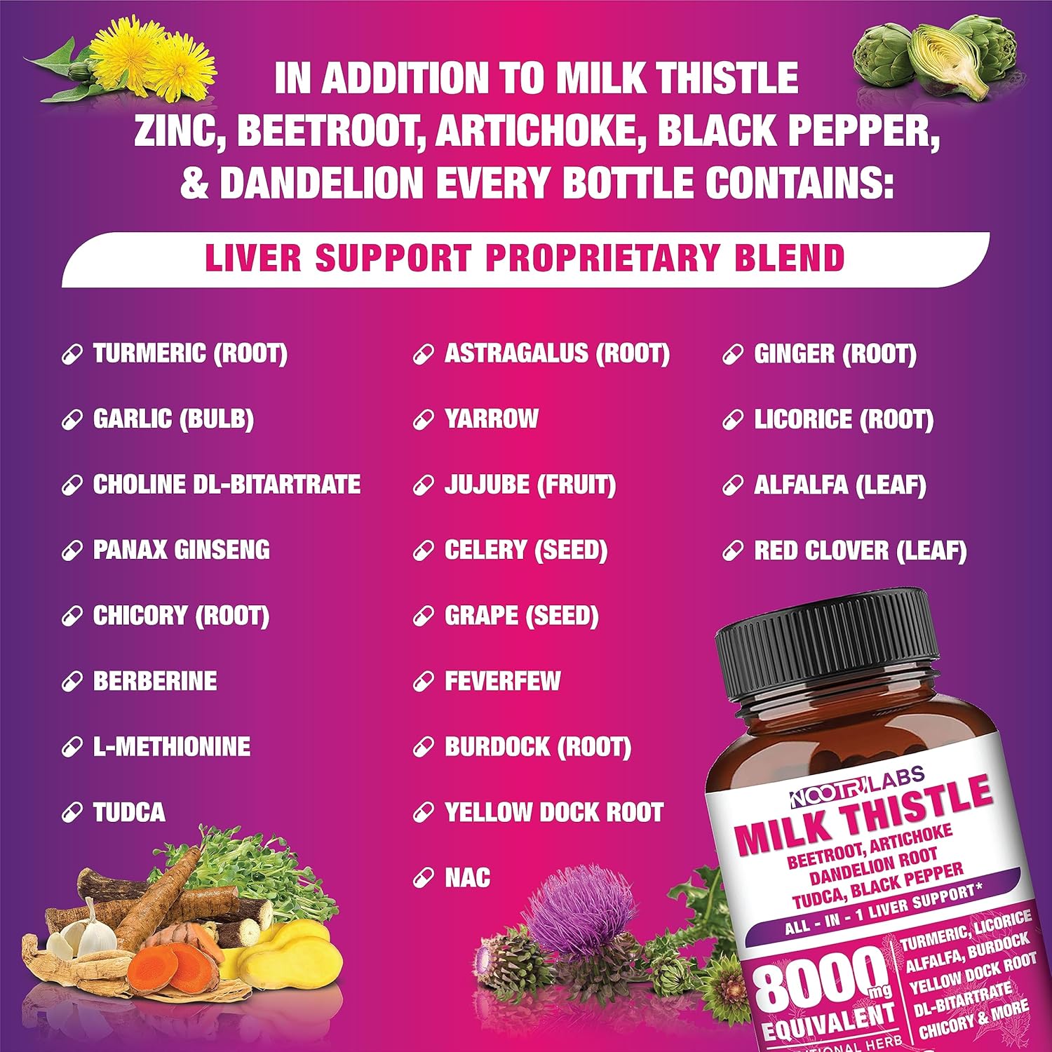 All-in-1 8000mg Highest Potency Milk Thistle NAC BeetRoot Artichoke Dandelion Root - Liver Health Support, Cleanse Detox & Repair, Antioxidant, Plus TUDCA Choline and Ginger - 90 Vegan Capsules