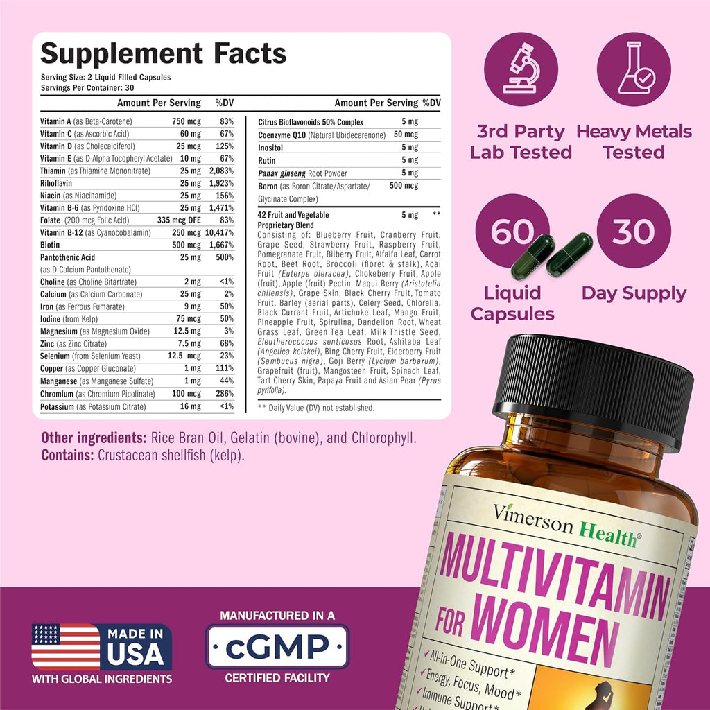 Multivitamin for Women – Essential Womens Multivitamins & Multiminerals 60 Liquid Capsules with Vitamin B12, A, D, C, Zinc, Magnesium & More for Total Wellness – 29 Key Nutrients & Vitamins for Women