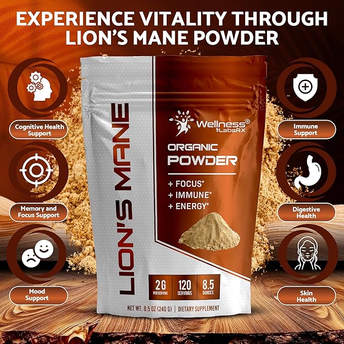WELLNESS LABSRX Lions Mane Powder, Mushroom Supplement - 2000mg - Lions Mane Supplement - Lion's Mane Mushroom Powder Brain Supplements for Memory and Focus, Immune Support and Health - 120 Servings