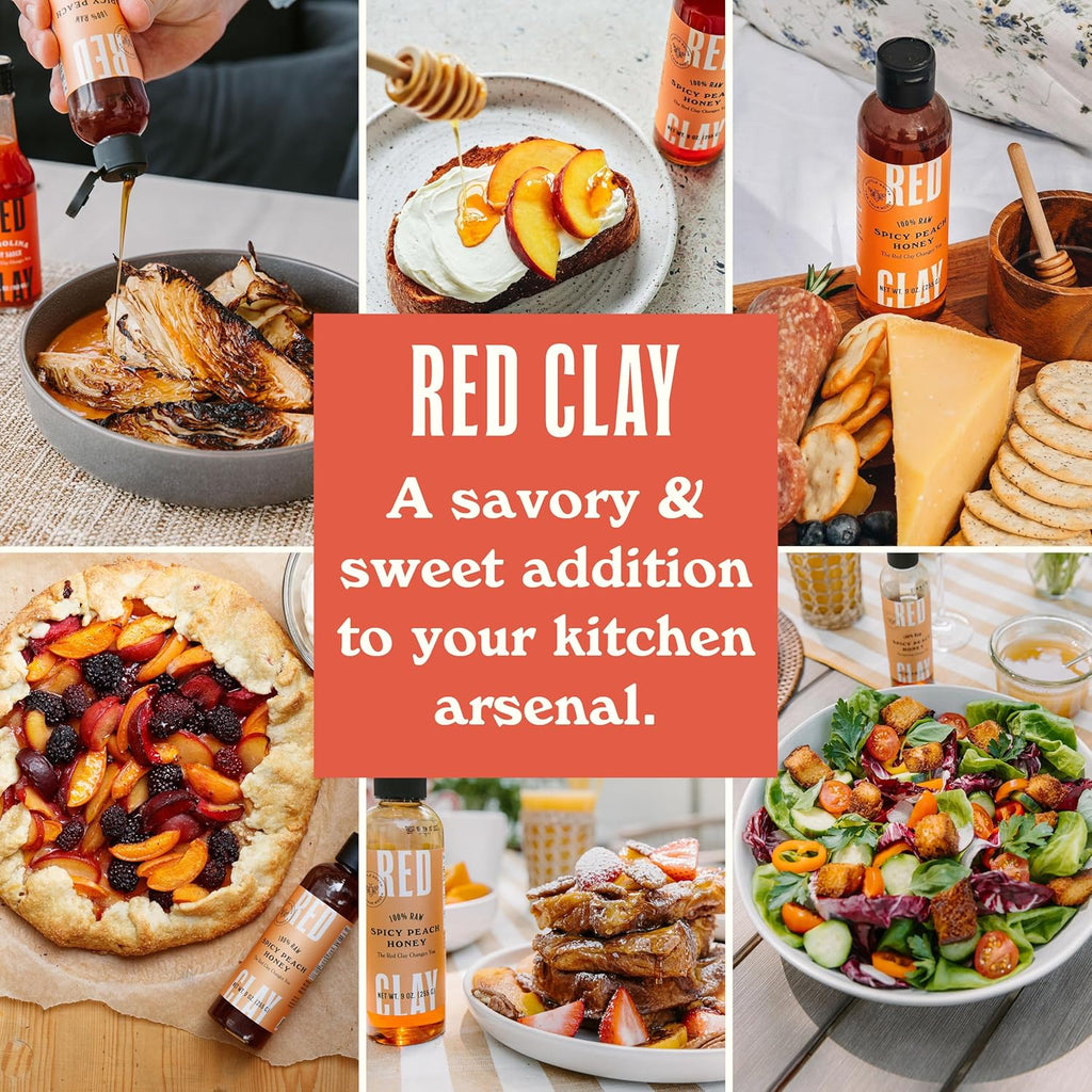 Hot Spicy Peach Honey by Red Clay Hot Sauce, Gluten Free, Paleo Friendly, Raw Wildflower Honey Infused with Real Peach Juice and Habanero Peppers, Sustainably Sourced, Medium Heat, Made in USA, 9 oz