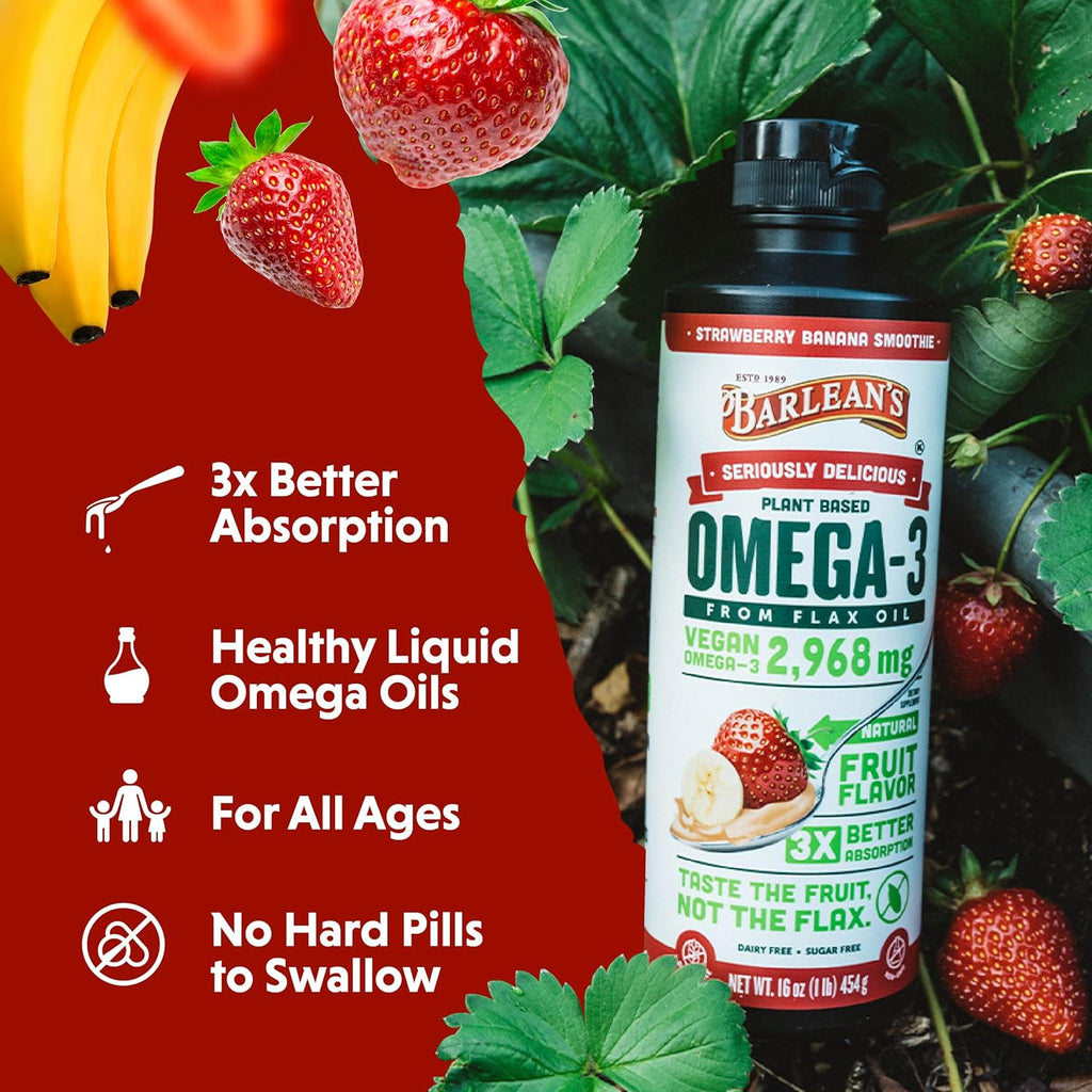 Barlean's Vegan Omega 3 6 9 Flaxseed Oil Liquid Supplement, Strawberry Banana Smoothie, Flax Seeds Oil with 2,968 mg ALA Fatty Acid, Non-GMO and Gluten Free, 16 oz