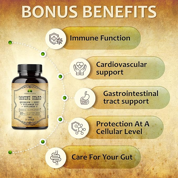 HERBALICIOUS Quinine Immune Guard - Quinine Capsules Supplement with Vitamin C, D3, Zinc - for Muscle Cramps Relief & Stomach Wellness - Non-GMO Cinchona Bark Herbal Supplements - 500mg, 60 Capsules