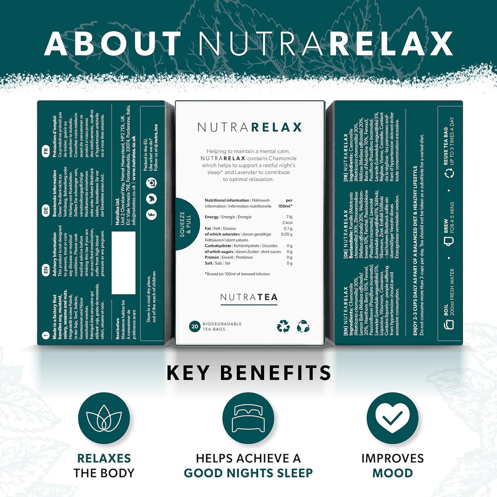 Nutra Tea NUTRARELAX - Sleep Tea | Stress Relief Tea | Calming Teas – For Relieving Stress & A Good Night’s Sleep – Includes Chamomile, Lemon Balm and Passionflower - 40 Individually Wrapped Bags - Herbal Teas (2 Pack)