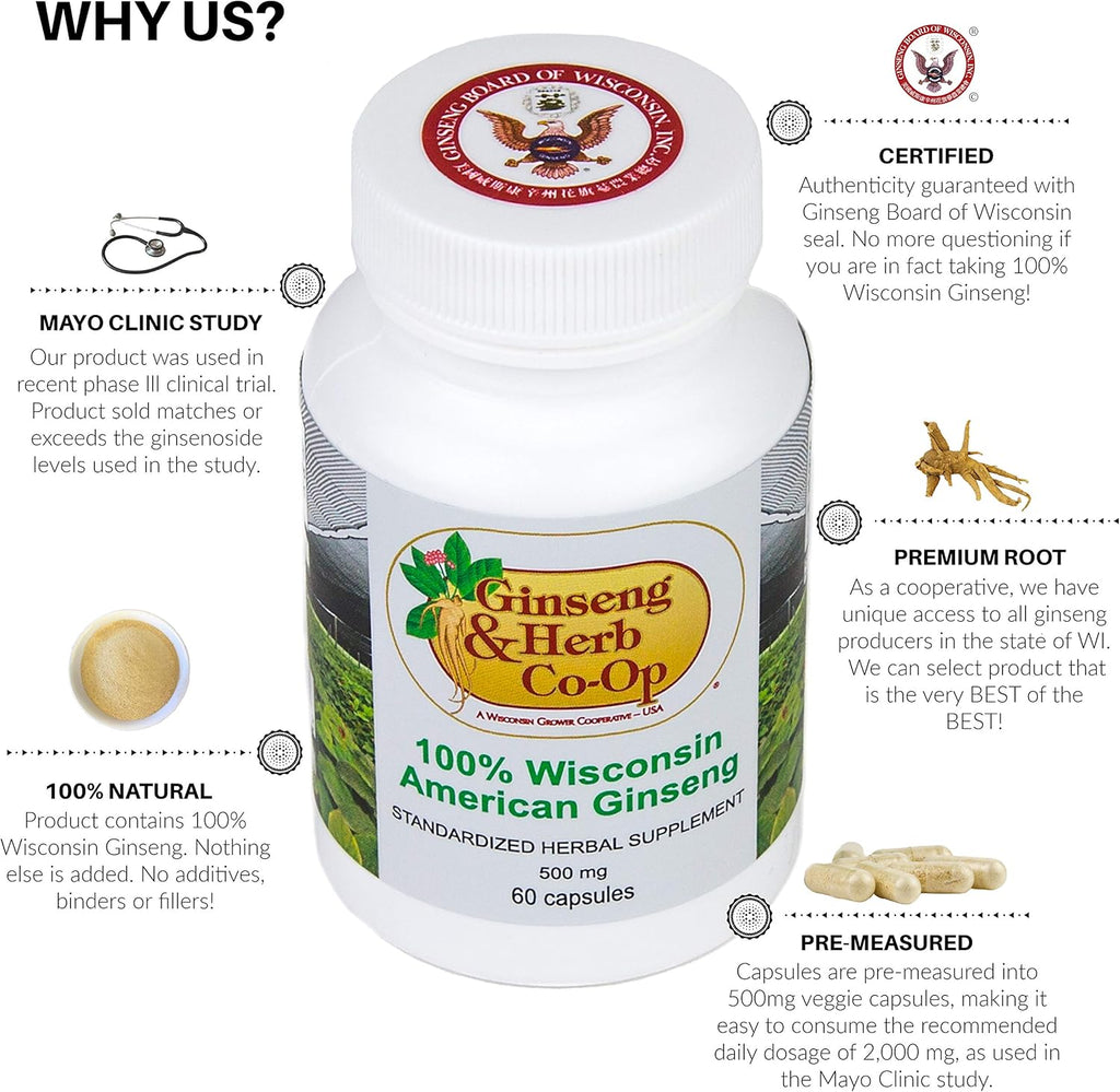 100% Pure Wisconsin American Ginseng Capsules - 500mg. Authentic Panax Quinquefolius. Potent Ground Ginseng Root - No Fillers, Binders or Other Additives.