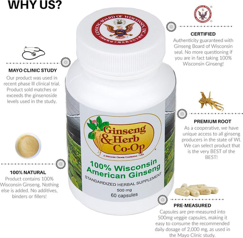 100% Pure Wisconsin American Ginseng Capsules - 500mg. Authentic Panax Quinquefolius. Potent Ground Ginseng Root - No Fillers, Binders or Other Additives.