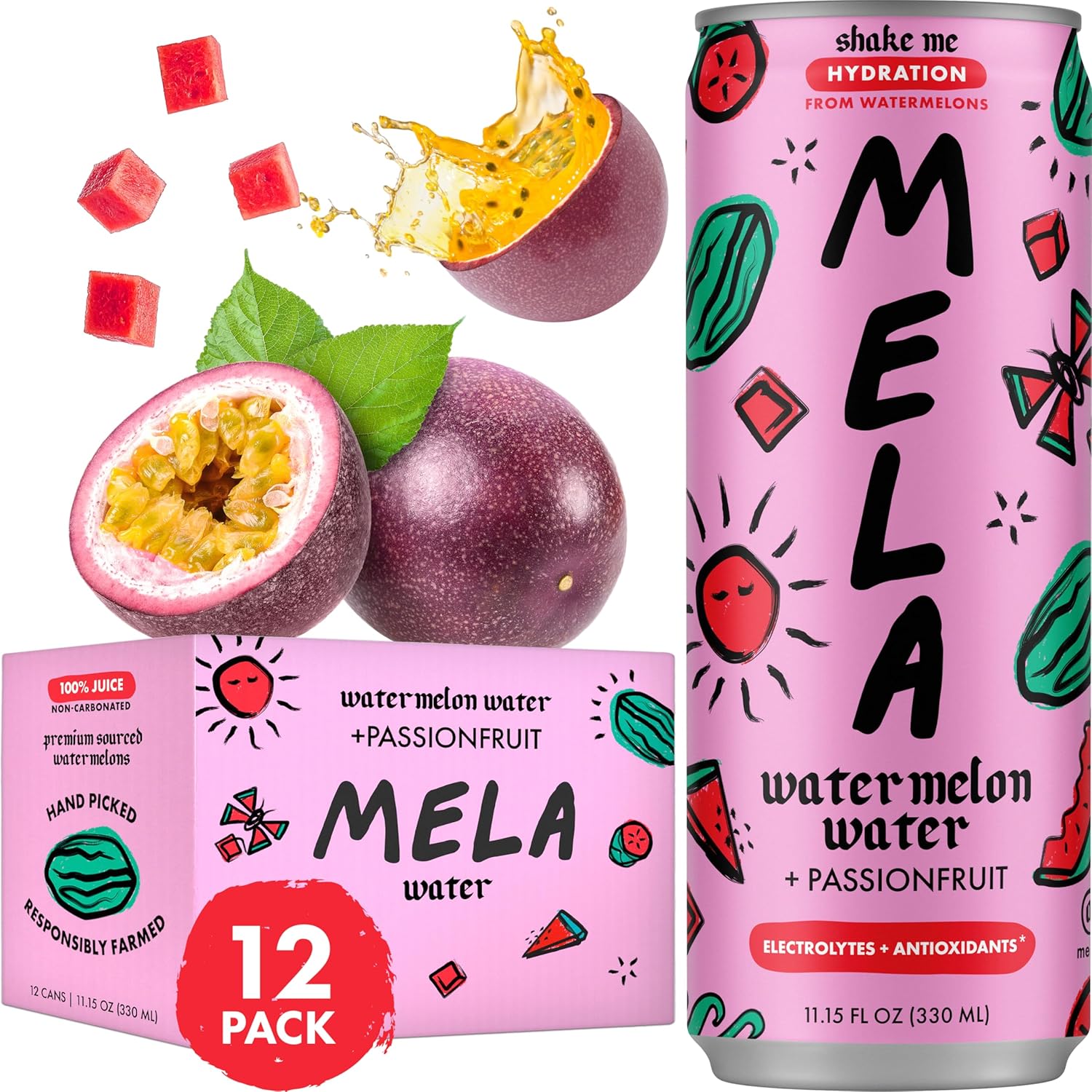 Mela Watermelon Water - Watermelon Juice, 100 Percent Natural Fruit Juice with Vitamin C, Electrolytes, Antioxidants - Coconut Water Alternative, Gluten-Free (Passionfruit, 11.15 fl oz, 12-pack)