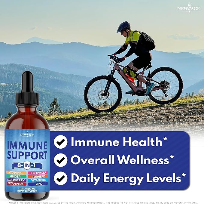 NEW AGE 8-in-1 Immune Support Liquid Drops – Elderberry, Turmeric Curcumin, Echinacea, Ginger, Vitamins C & D3, Zinc & B6 – Fast-Absorbing Immune & Antioxidant Support – Non-GMO – 8 oz
