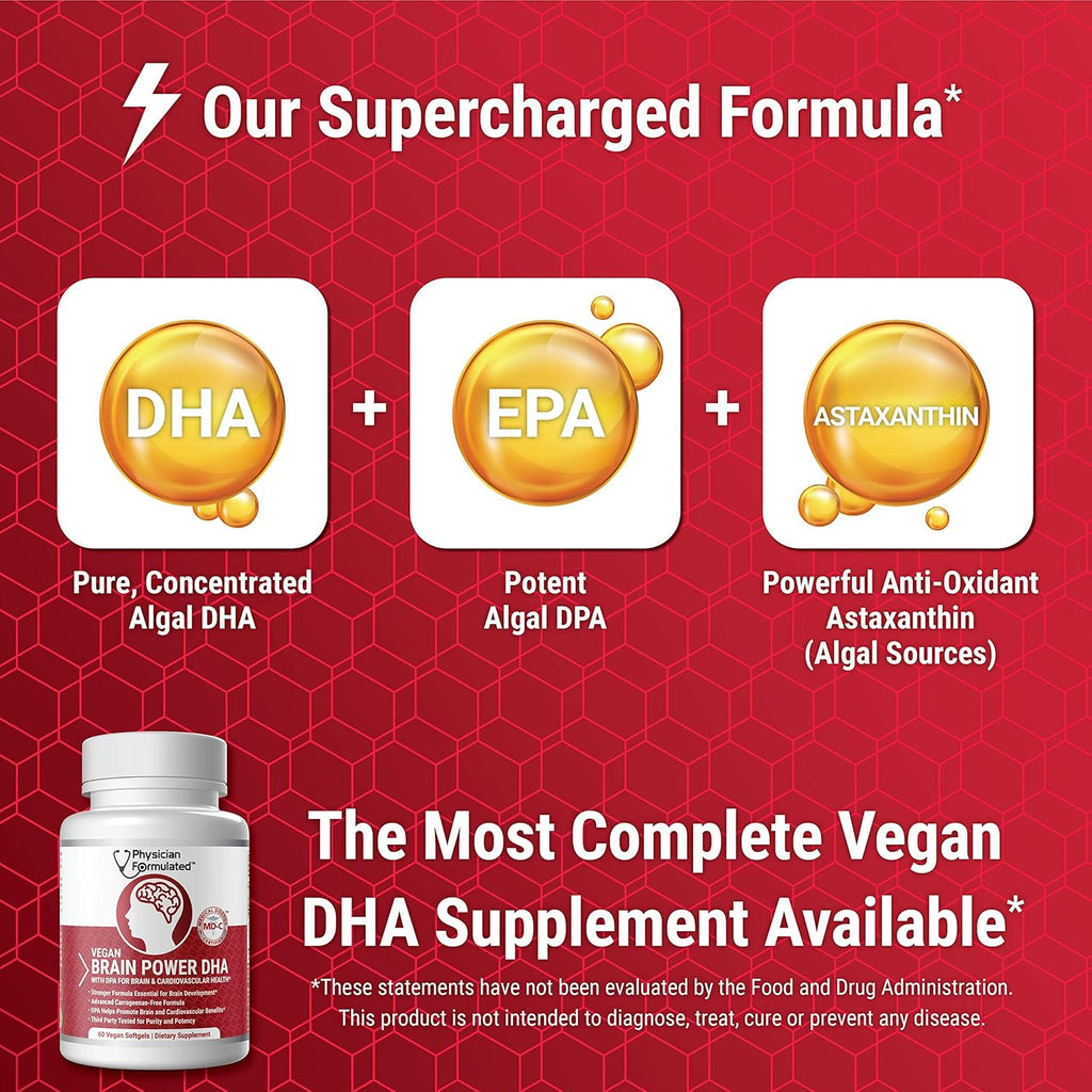 Vegan DHA for Brain and Prenatal 100% Algae Based Omega 3 Essential Fatty Acids with NO Carrageenan, NO Vegetable Oil Plus 2500mcg Astaxanthin