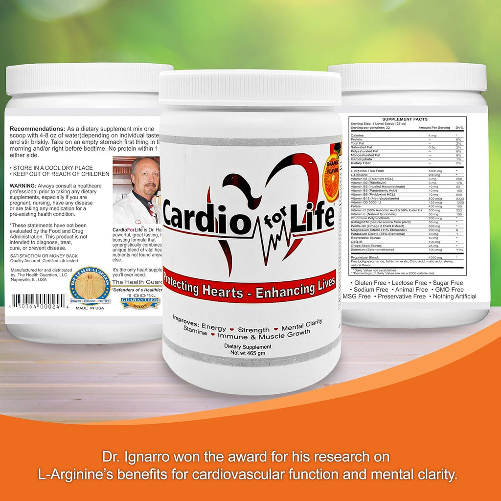 Cardio for Life L-Arginine Powder 16oz - Natural Nitric Oxide Supplement Cardiovascular Increase Energy - Orange