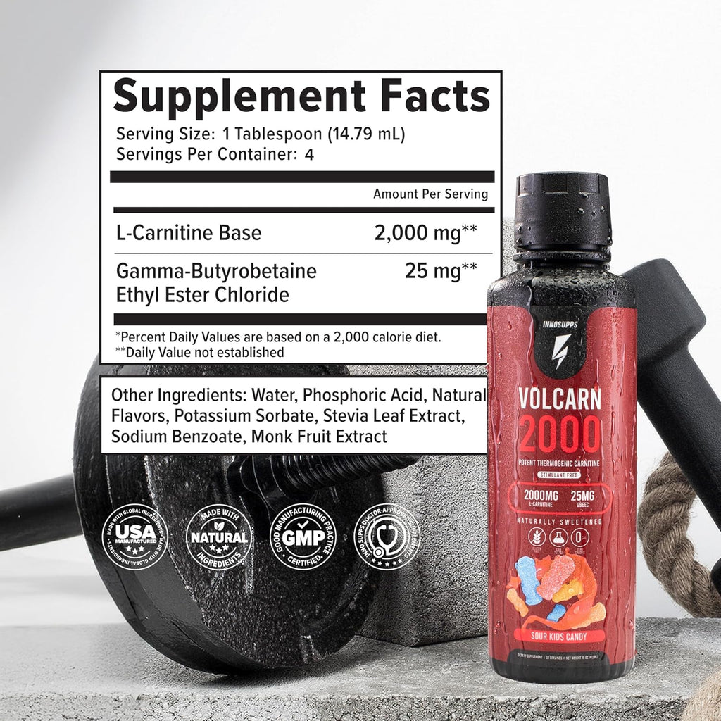 InnoSupps Volcarn 2000 - L-CARNITINE Advanced Energy Liquid | ATP Enhancer with GBEEC | Boosts Energy, Enhances Focus, Caffeine Free, No Artificial Sweeteners | 32 Servings (Sour Kids Candy)