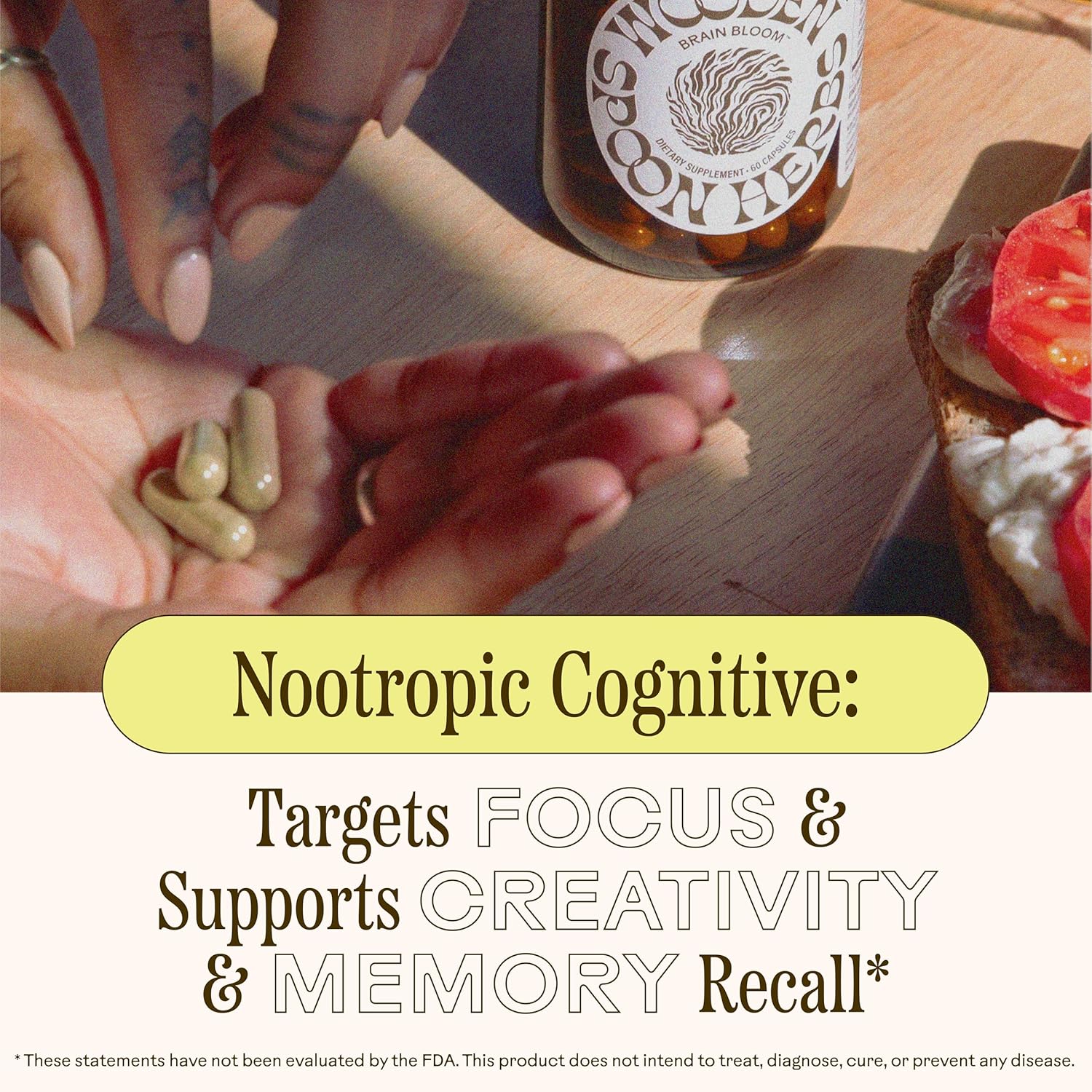 Wooden Spoon Herbs - Brain Bloom | Organic Brain Supplement for Memory and Focus with Rosemary, Bacopa, Lions Mane, Gotu Kola & Ginkgo Leaf & Turmeric | Gluten-Free, Non-GMO, Vegan (60 CT, Capsules)