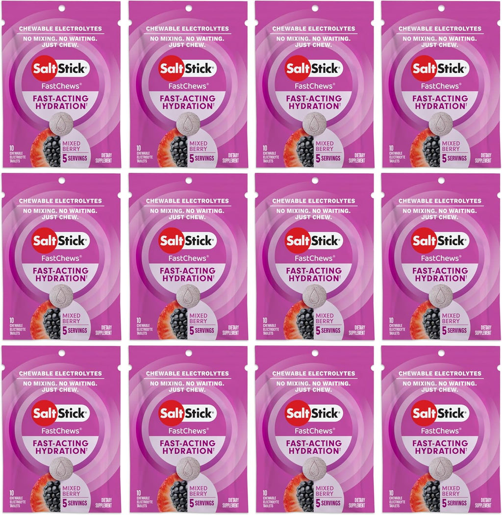 SaltStick Electrolyte FastChews - 120 Count Mixed Berry Flavor - Electrolyte Tablets for Hydration, Salt Tabs - 10 Count (Pack of 12)