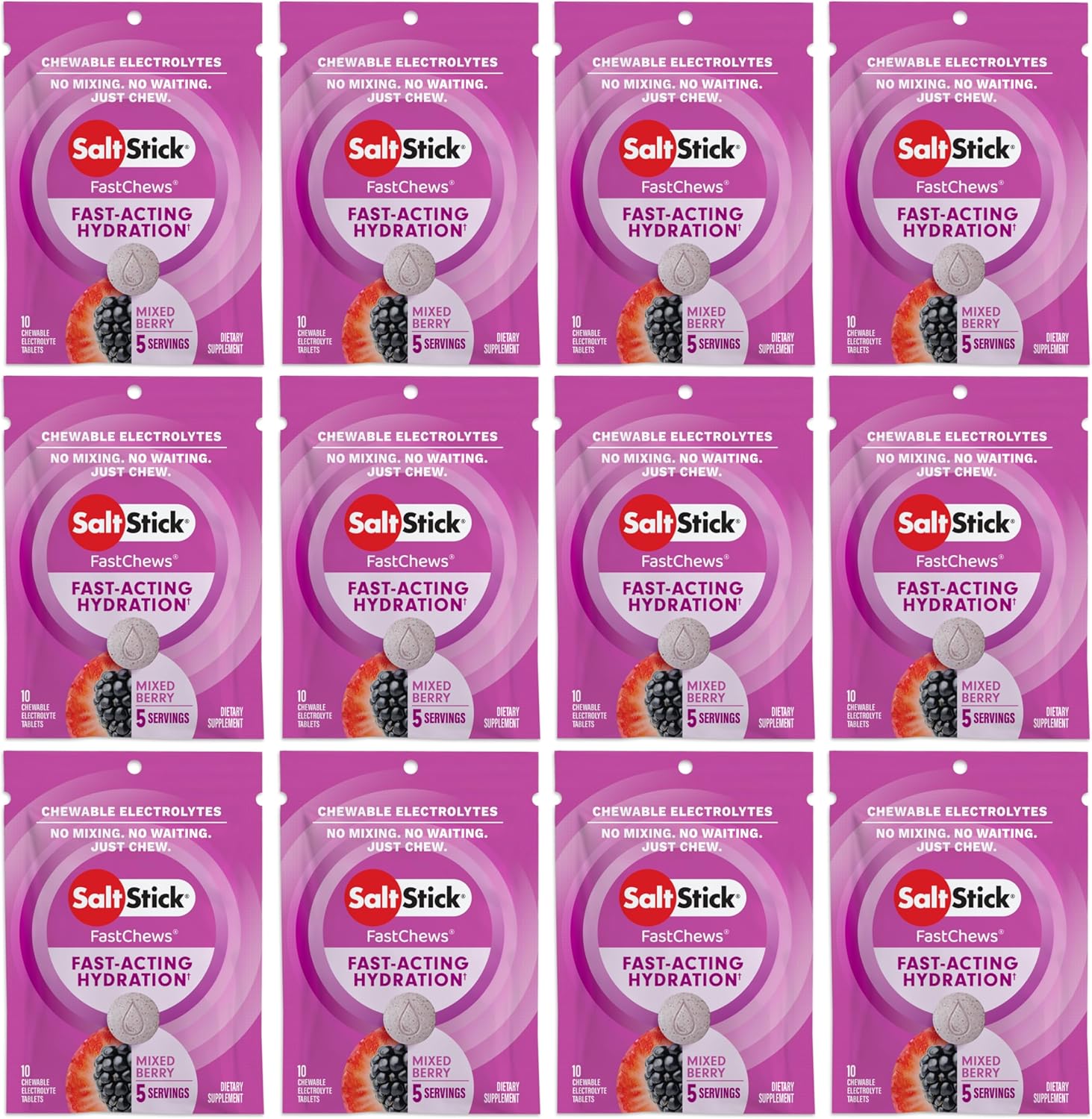 SaltStick Electrolyte FastChews - 120 Count Mixed Berry Flavor - Electrolyte Tablets for Hydration, Salt Tabs - 10 Count (Pack of 12)