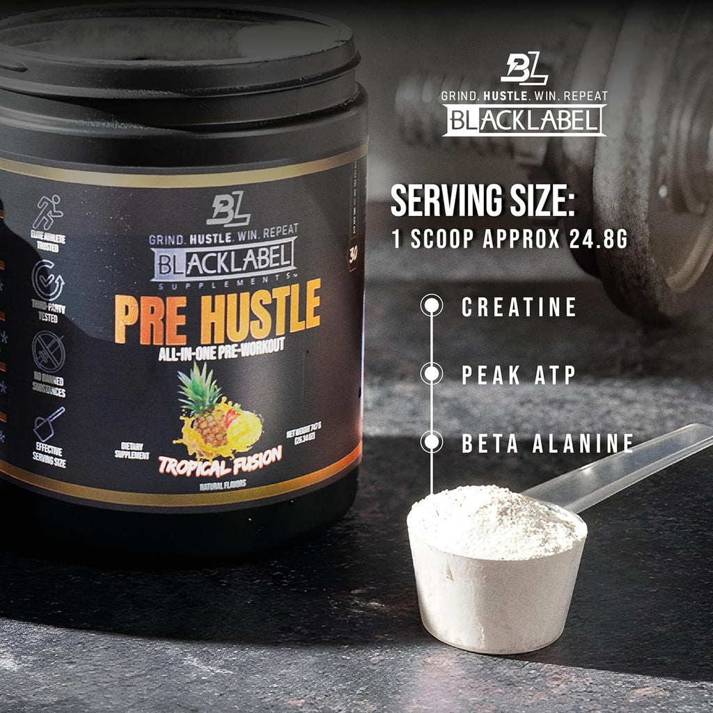 BLACKLABEL Supplements PRE Hustle V3 Pre-Workout Powder – NSF Certified for Sport – Energy, Strength & Endurance Support – Tropical Fusion Flavor – with Creatine & Caffeine – 30 Servings