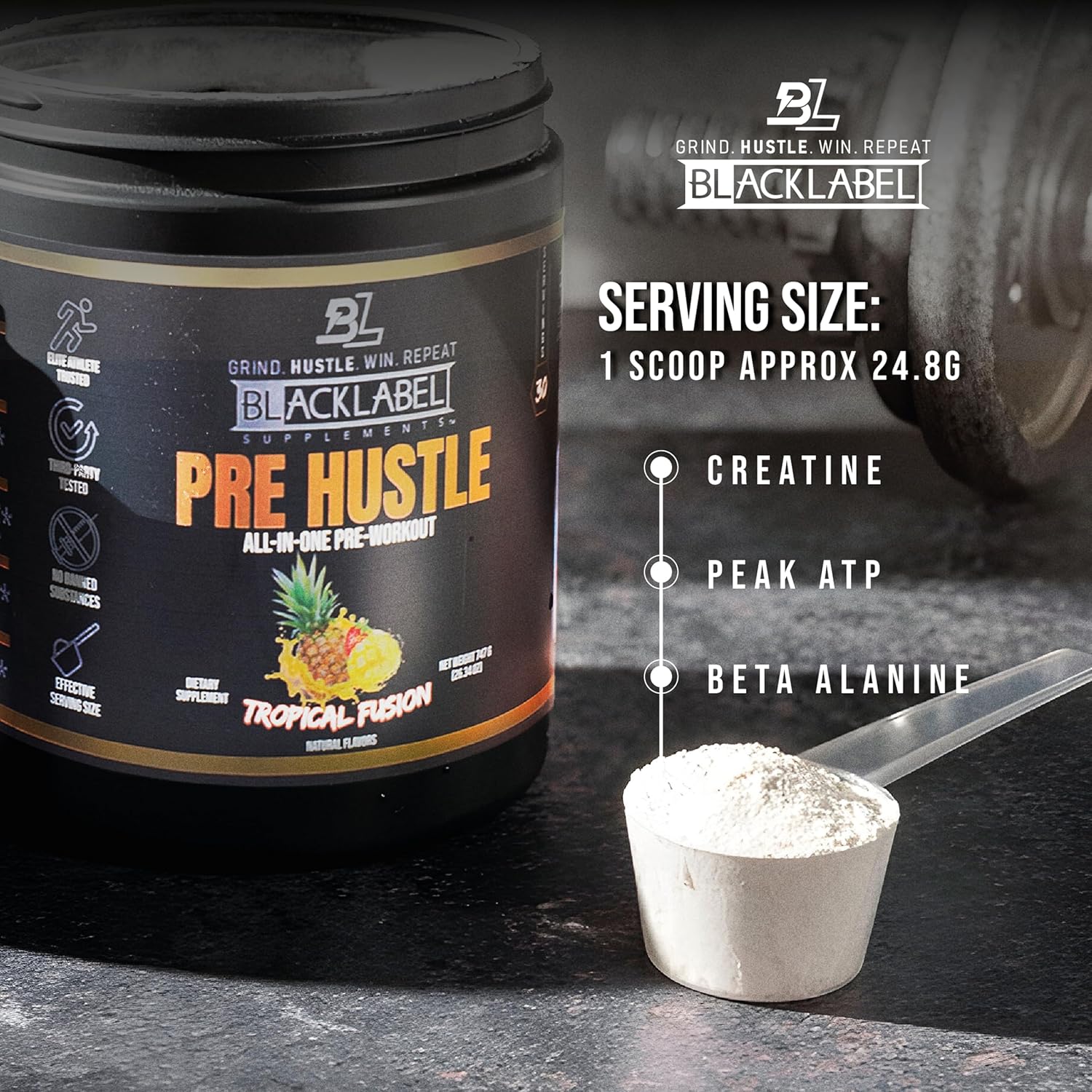 BLACKLABEL Supplements PRE Hustle V3 Pre-Workout Powder – NSF Certified for Sport – Energy, Strength & Endurance Support – Tropical Fusion Flavor – with Creatine & Caffeine – 30 Servings