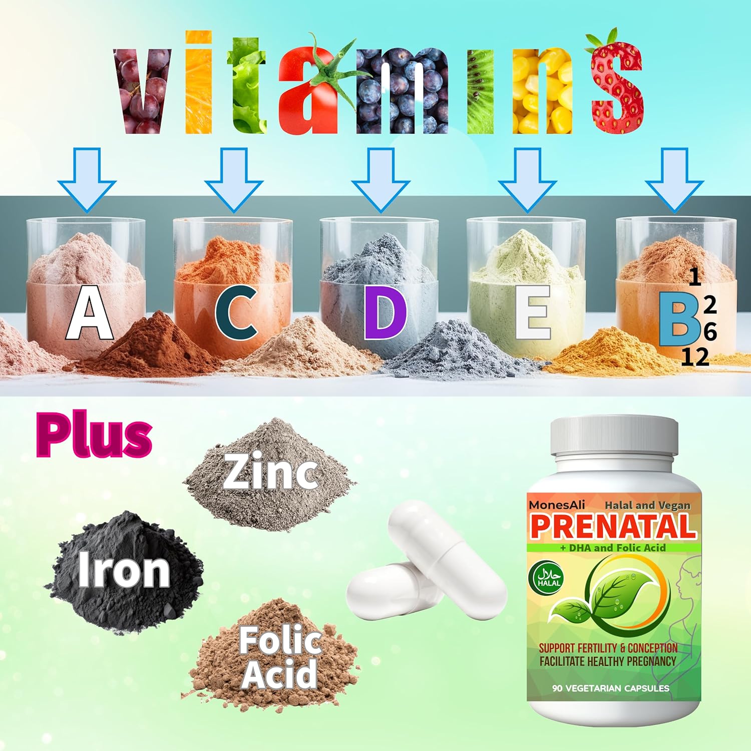 Prenatal Vitamins for Women | Postnatal | Vegan, Halal Gelatin Free | with Folate, Iron & Biotin | Supports Pregnancy, Postpartum Energy & Hair Health, 90 Count