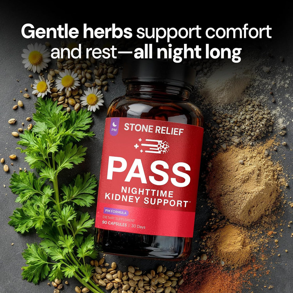 Pass PM – Nighttime Kidney Support Complex for Gentle Relief & Restful Sleep - Natural Dissolver - Herbal Formula with Chanca Piedra Stone Breaker, Valerian & Skullcap – 90 Capsules