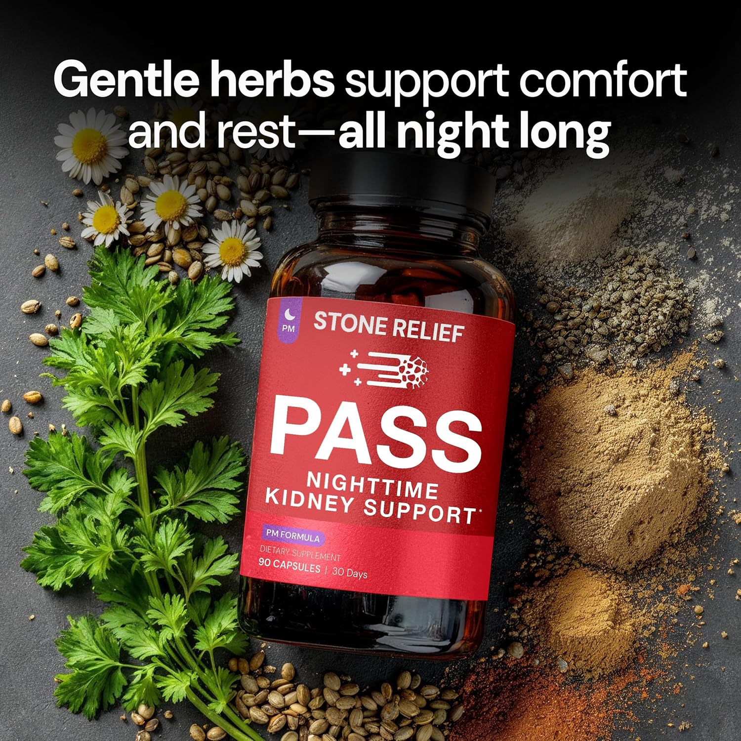Pass PM – Nighttime Kidney Support Complex for Gentle Relief & Restful Sleep - Natural Dissolver - Herbal Formula with Chanca Piedra Stone Breaker, Valerian & Skullcap – 90 Capsules