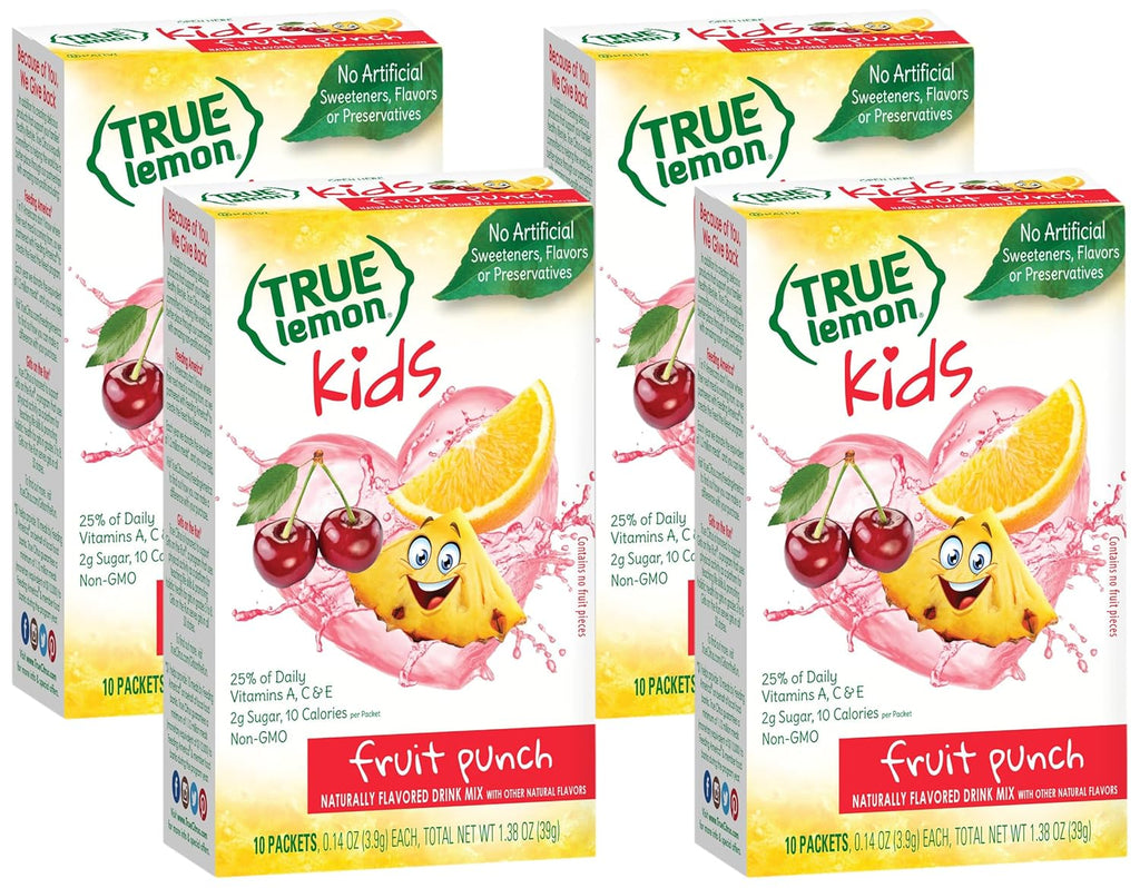 TRUE LEMON Fruit Punch Packets - Low Sugar, No Preservatives Kids Hydration Drink Mix (Pack of 4)