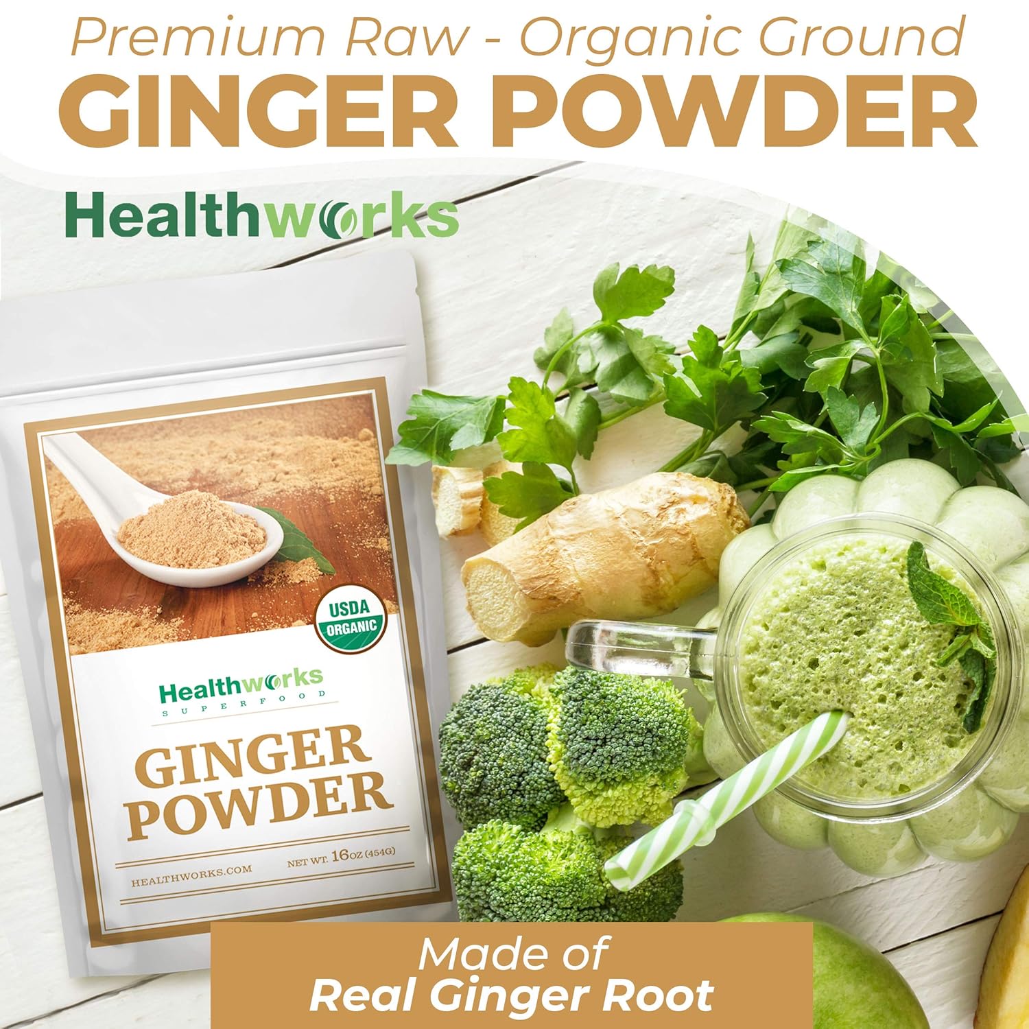 Healthworks Superfoods Organic Ginger Powder - 16 Oz / 1 Lb - Ground, Raw & All-Natural - Keto, Vegan - Great with Coffee, Tea & Juices - Superfood/Spice