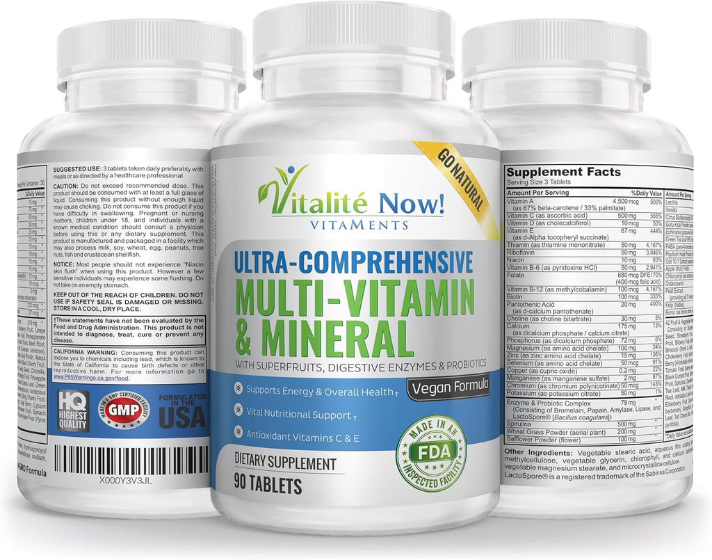 Vegan Whole Food Multivitamin & Mineral - Vitamins A B1 B2 B6 B12 C D3 E & 110 Super Foods, Herbs, Greens & Reds - Enzymes & Probiotics for Immune Support - Energy Boost - 90 Tablets