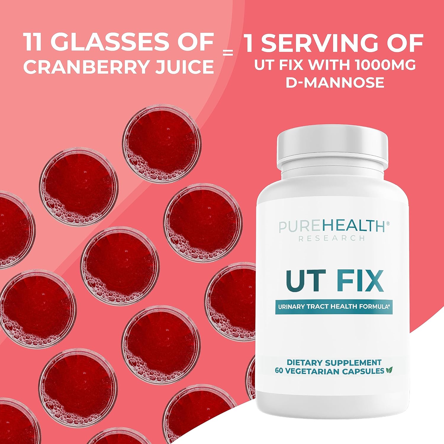 PUREHEALTH RESEARCH UT FIX Urinary Health Supplement - with Vitamin D, D-Mannose, Cranberry Fruit Extract & Bee Propolis - for Women & Men, 60 Capsules