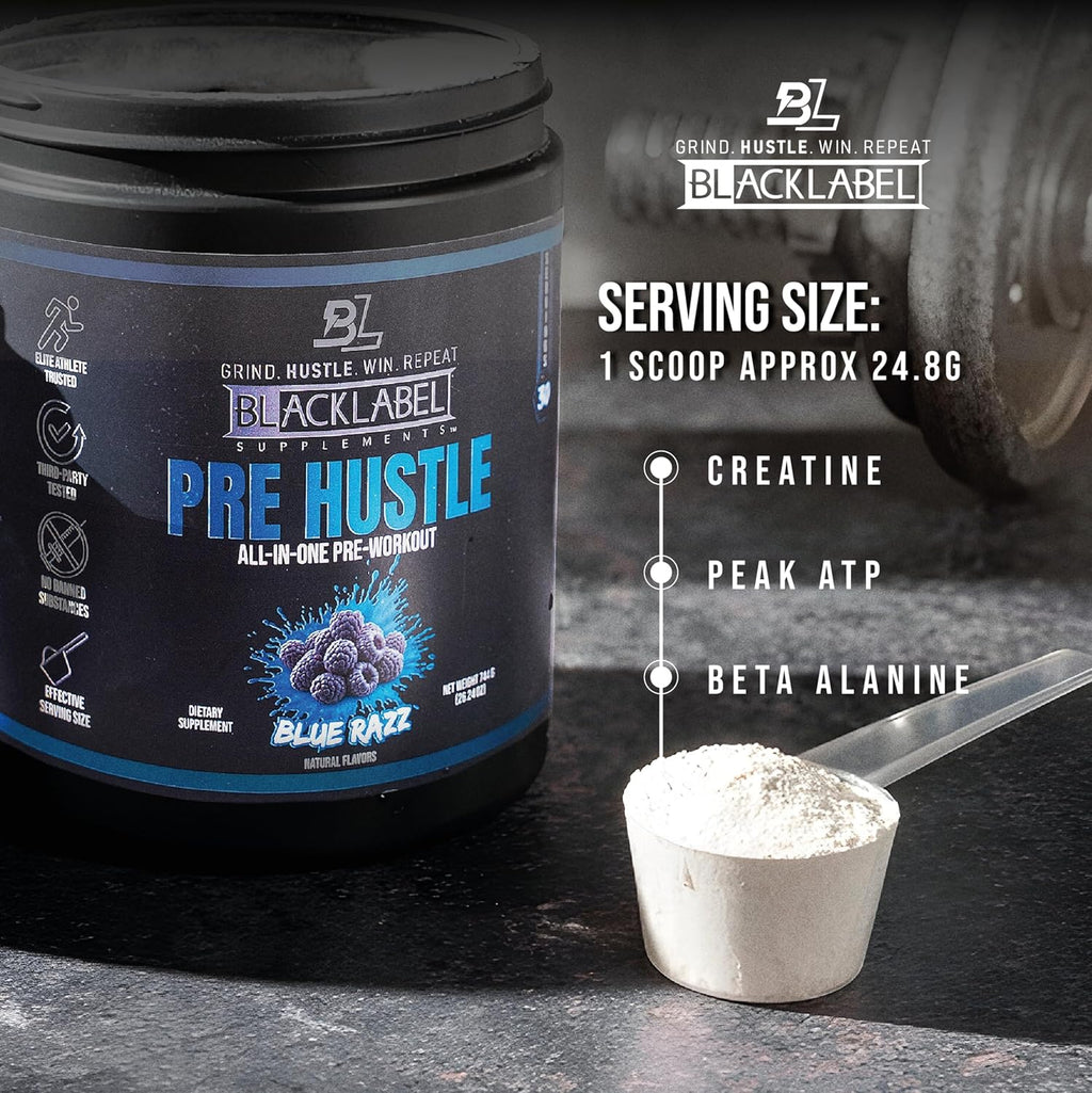 BLACKLABEL Supplements PRE Hustle V3 Pre-Workout Powder – NSF Certified for Sport – Energy, Strength & Endurance Support – Blue Razz – with Creatine & Caffeine – 30 Servings