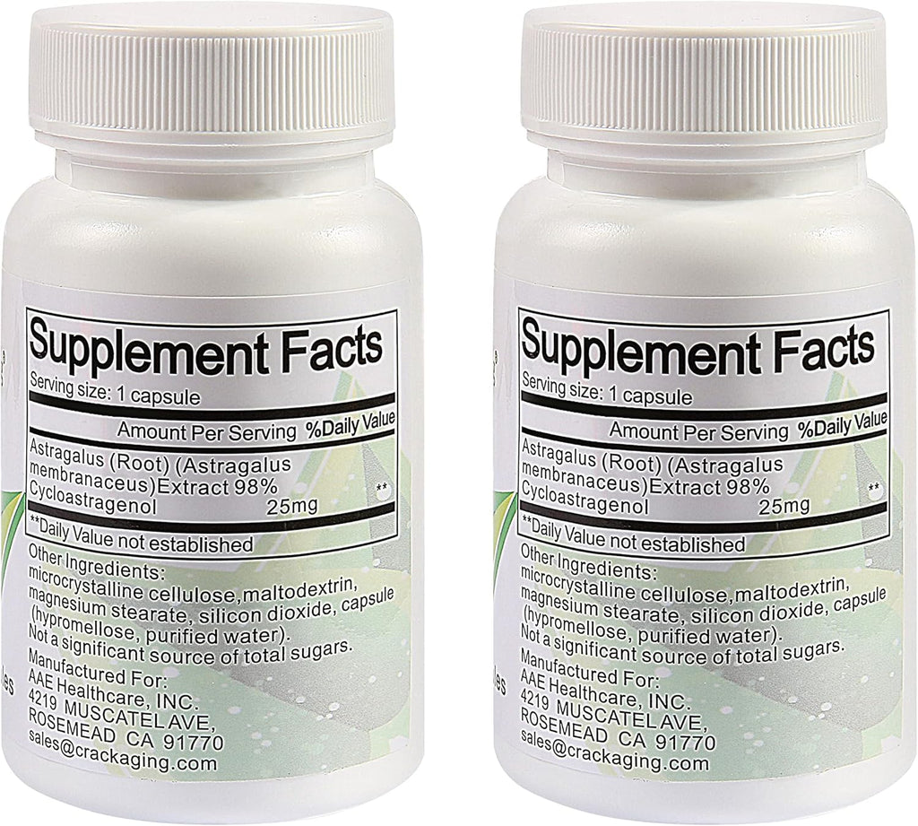 Crackaging Cycloastragenol 98% 25mg | Telomere activator Supplements | Telomere lengthening Supplements | Cell Rejuvenation | 60 Capsules in 2 Bottles