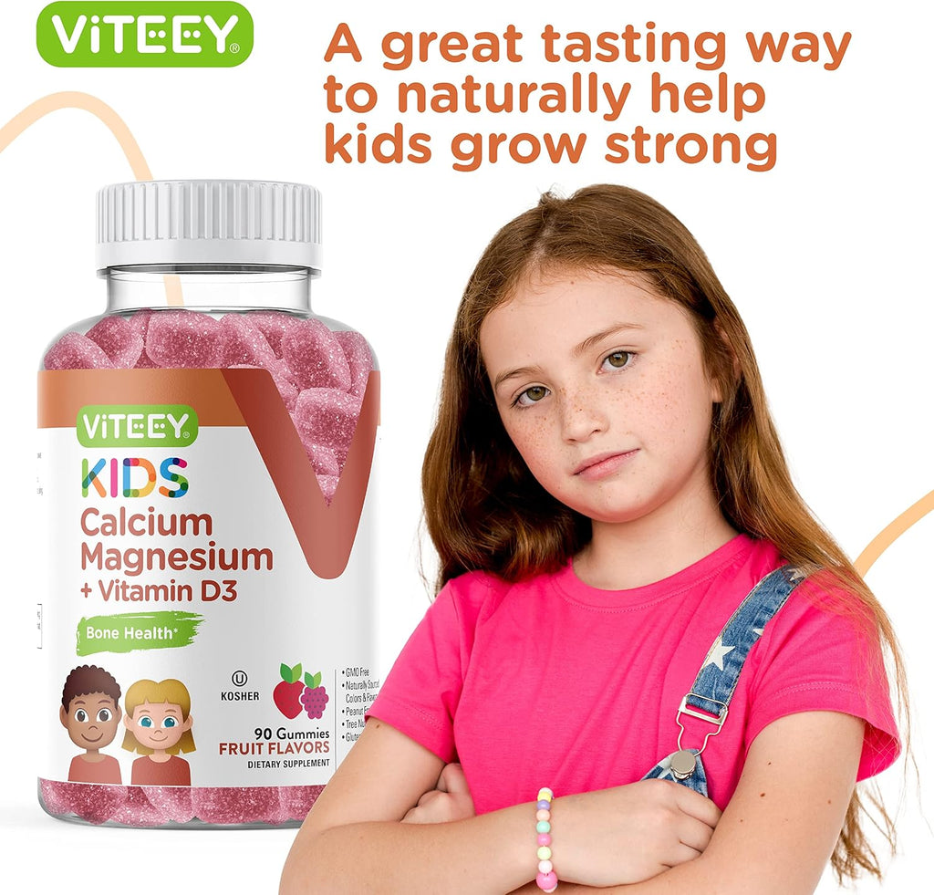 VITEEY Kids Calcium Gummies + Vitamin D3 & Magnesium Citrate for Kids and Teens - Supports Bone Health, Immune Support, Energy & Muscle Function - Gluten Free, GMO Free - Tasty Chewable Fruit Flavored