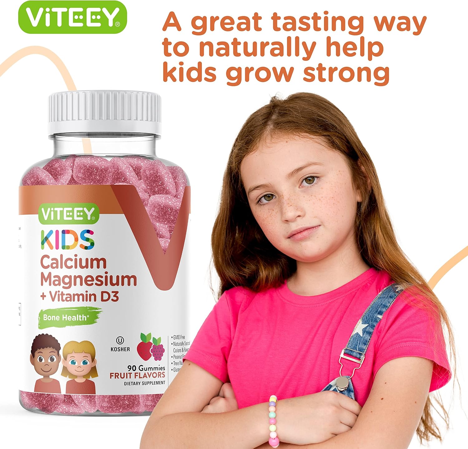 VITEEY Kids Calcium Gummies + Vitamin D3 & Magnesium Citrate for Kids and Teens - Supports Bone Health, Immune Support, Energy & Muscle Function - Gluten Free, GMO Free - Tasty Chewable Fruit Flavored