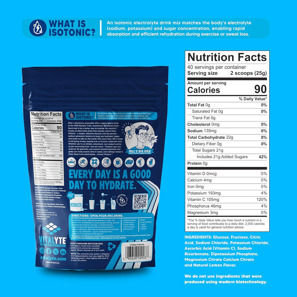 Vitalyte Electrolyte Powder Drink Mix - Isotonic Clean Electrolyte Hydration Powder - Ideal Post Workout Rehydration Packets with No Artificial Colors, Flavors or Sweeteners, (35 Oz, Cool Citrus)