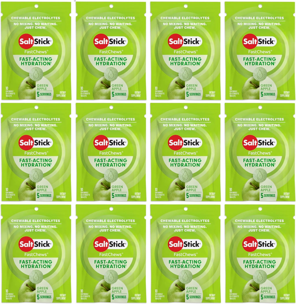 SaltStick Electrolyte FastChews - 120 Count Green Apple Flavor - Electrolyte Tablets for Hydration, Salt Tabs - 10 Count (Pack of 12)