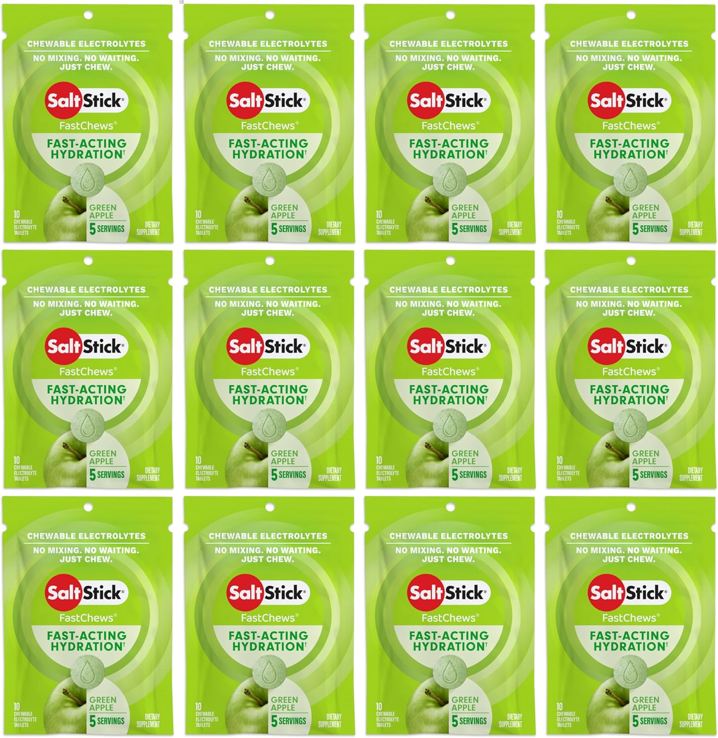 SaltStick Electrolyte FastChews - 120 Count Green Apple Flavor - Electrolyte Tablets for Hydration, Salt Tabs - 10 Count (Pack of 12)