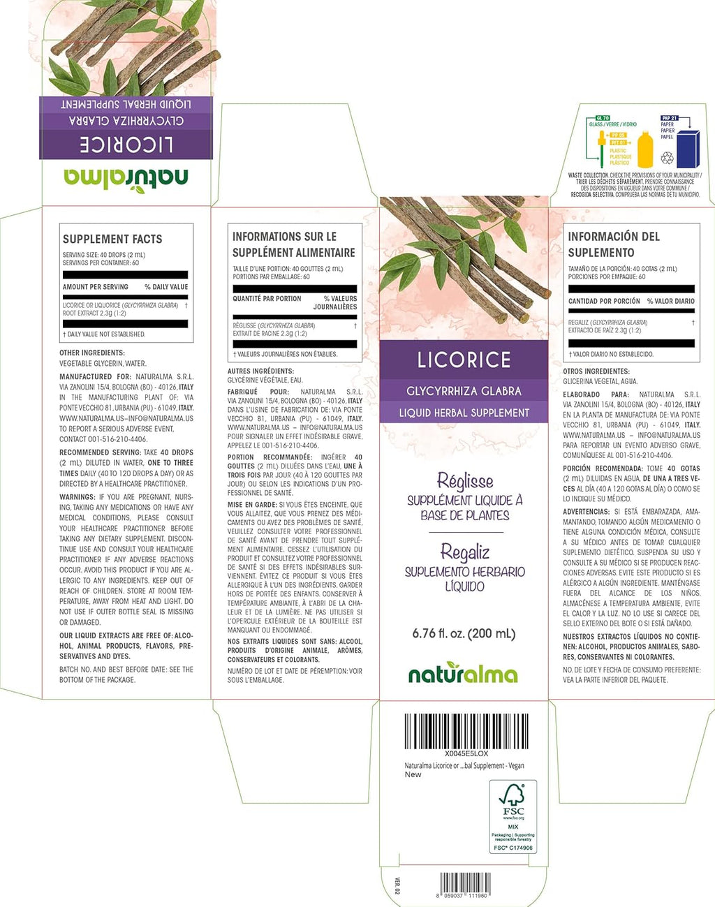 Naturalma Licorice or Liquorice (Glycyrrhiza glabra) Root Alcohol-Free Tincture - 6.76 fl oz Liquid Extract in Drops - Herbal Supplement - Vegan