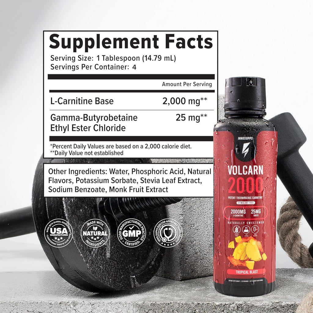 InnoSupps Volcarn 2000 - L-CARNITINE Advanced Energy Liquid | ATP Enhancer with GBEEC | Boosts Energy, Enhances Focus, Caffeine Free, No Artificial Sweeteners | 32 Servings (Tropical Blast)