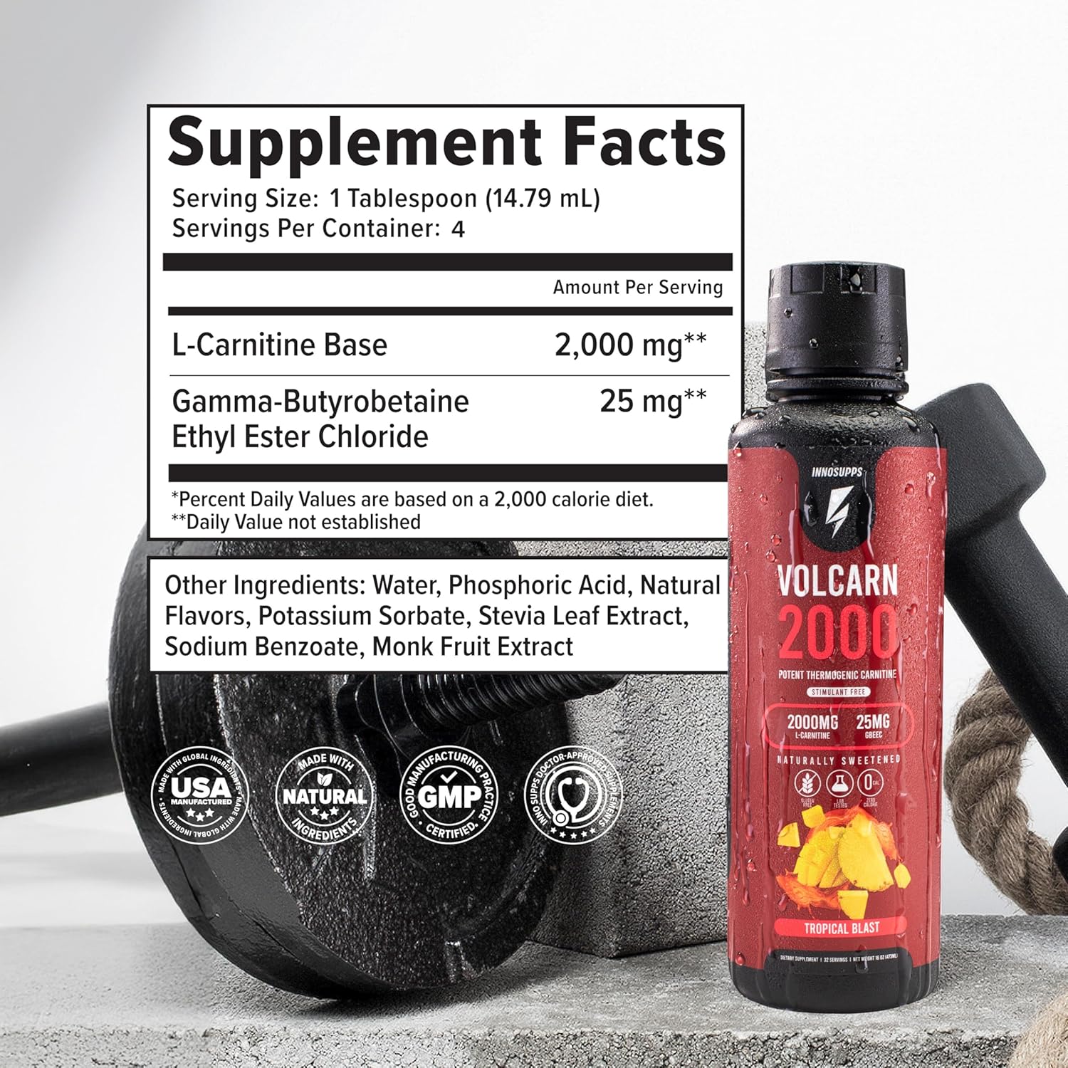 InnoSupps Volcarn 2000 - L-CARNITINE Advanced Energy Liquid | ATP Enhancer with GBEEC | Boosts Energy, Enhances Focus, Caffeine Free, No Artificial Sweeteners | 32 Servings (Tropical Blast)