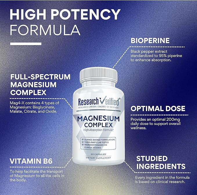 Research Verified Magnesium Complex - Brain, Muscle and Nerve Support - Magnesium Bisglycinate, Malate, Citrate, and Oxide - Bioperine - Vegan - 60 Capsules - Pack of 6