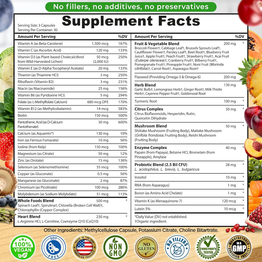 Vegan Whole Food Daily Multivitamin with Iron, Methylated Multivitamin for Women and Men, Made with Fruits & Vegetables, B-Complex, Probiotics, Enzymes, CoQ10, Omegas, Turmeric, Non-GMO, 90 Count